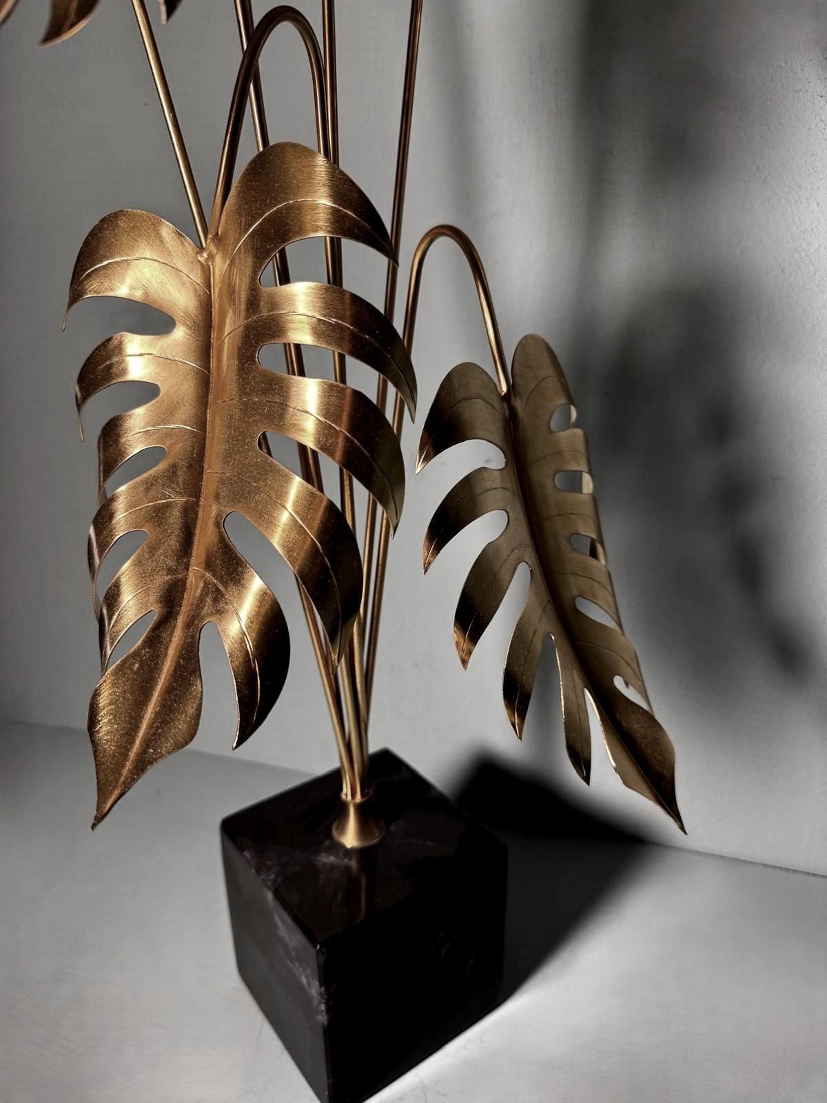 Italian Brass Plant Sculpture Mounted On Black Marquinia Marble photo vinterior