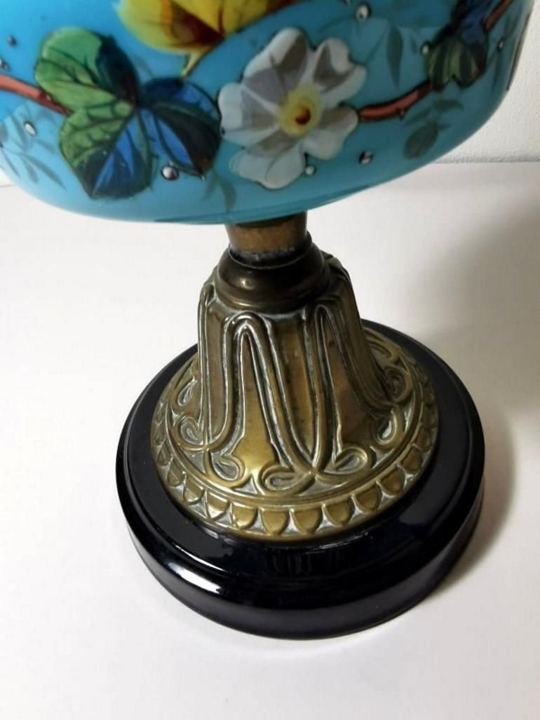 photo for sale Louis Philippe Style French Opaline Blue Glass Lamp Decorated And Golden Brass