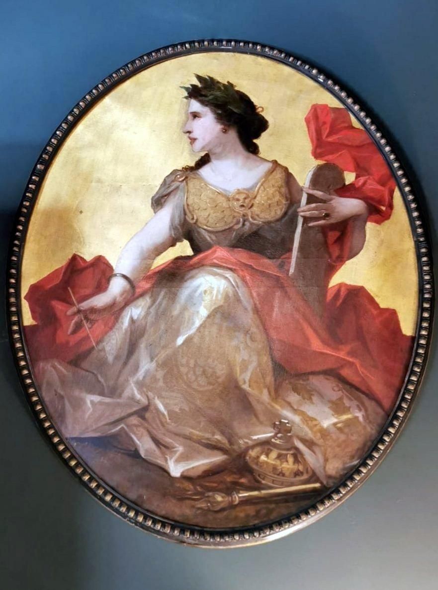 Napoleon III Style Large Oil On Canvas French Subject Calliope Gold Background photo for sale