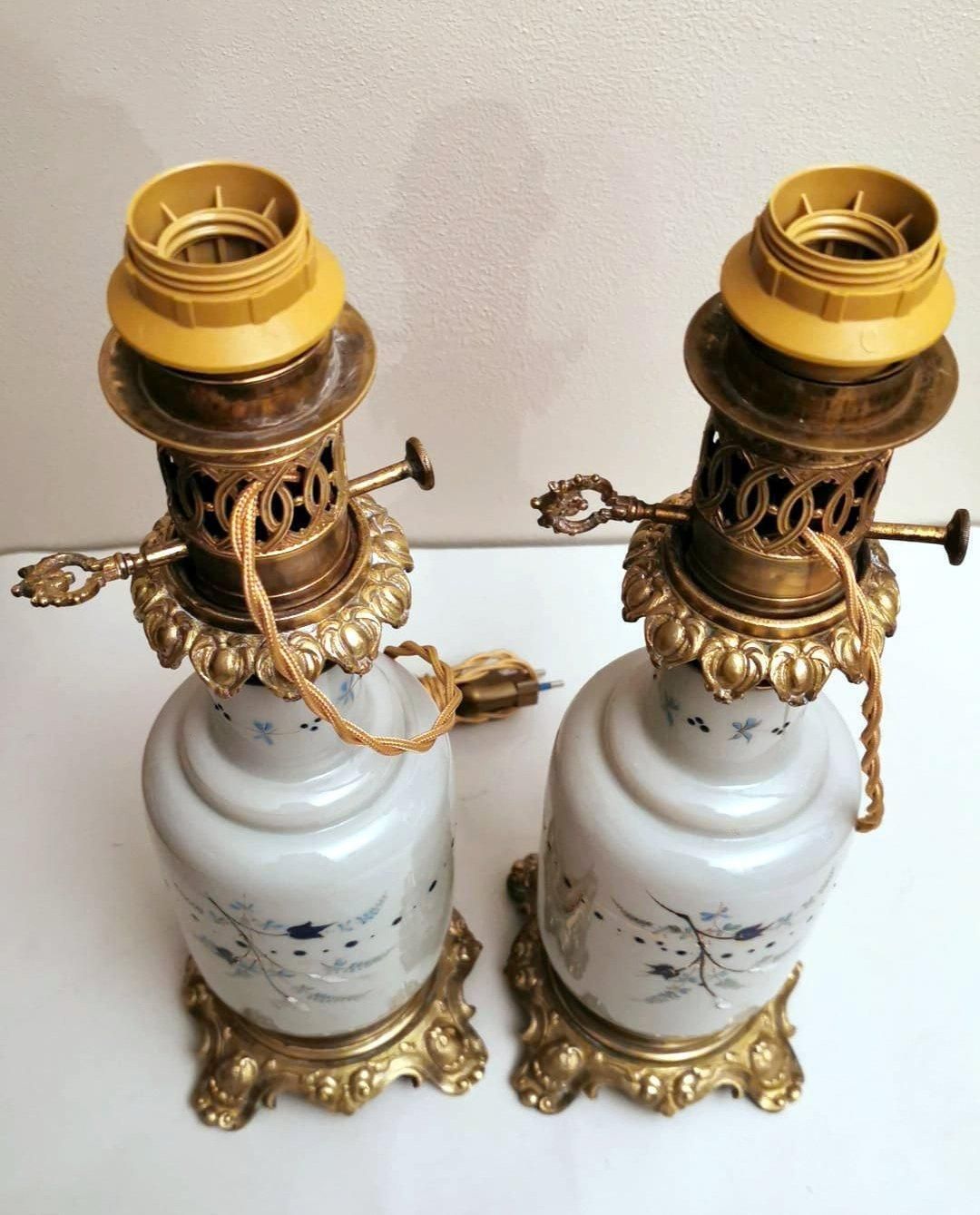 Pair Of French Oil Lamps Opaline Glass Hand Painted Bronze Finishing photo Lighting