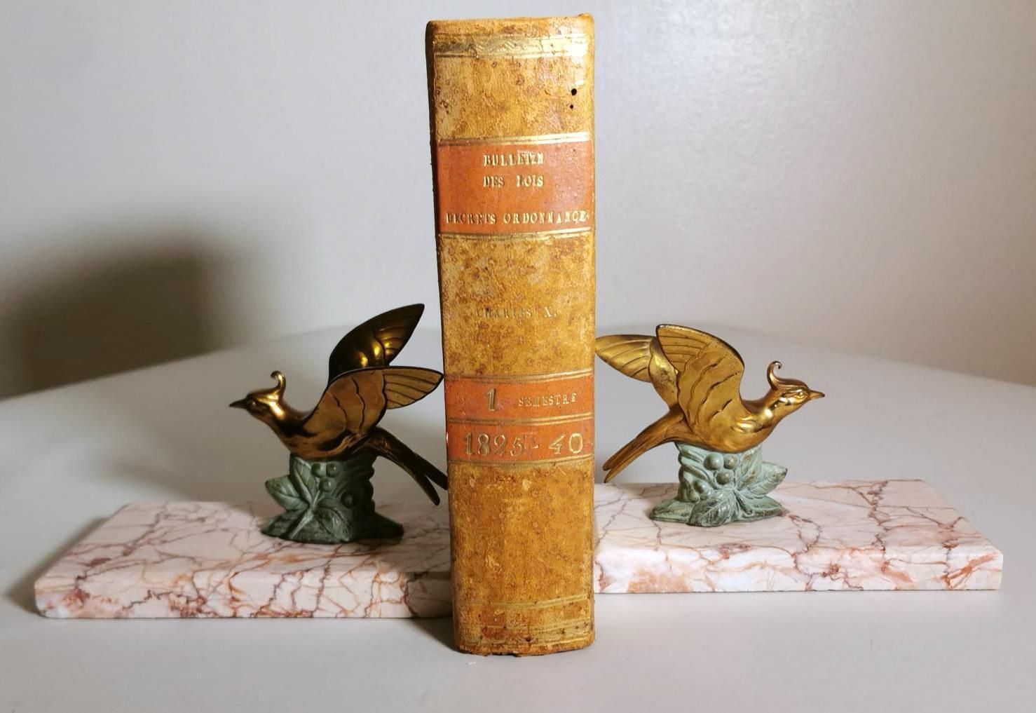 Art Deco France Pair Of Metal Bird Bookends With Fine Marble Base photo for sale