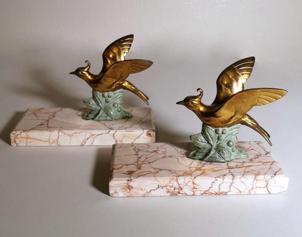 Art Deco France Pair Of Metal Bird Bookends With Fine Marble Base photo 304.0