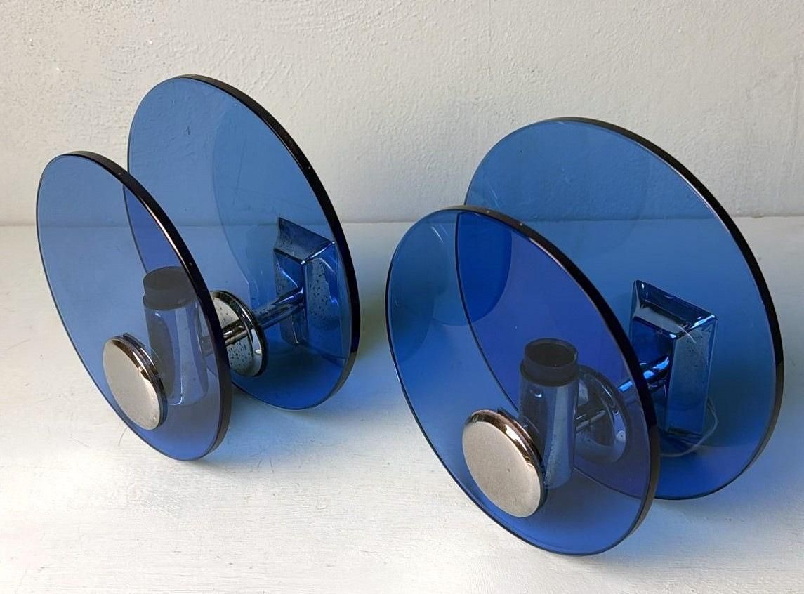 Veca Style Pair Of Italian Blue Glass And Nickel Plated Brass Wall Sconces photo for sale