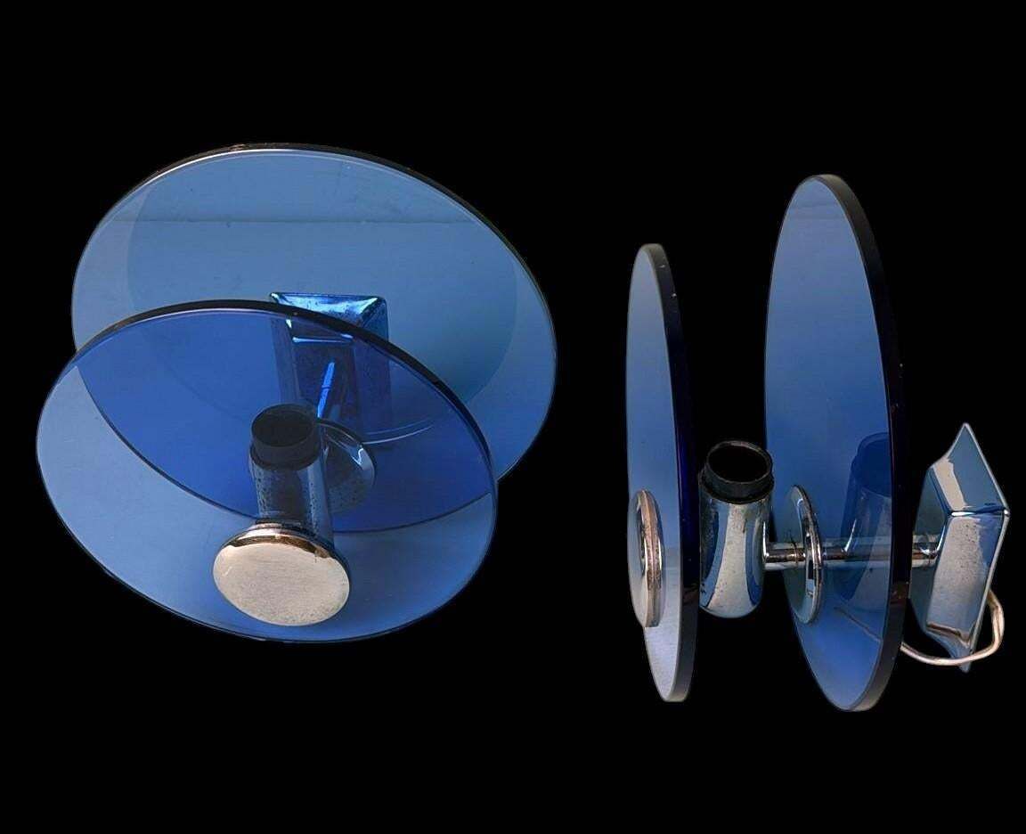 Veca Style Pair Of Italian Blue Glass And Nickel Plated Brass Wall Sconces photo Lighting