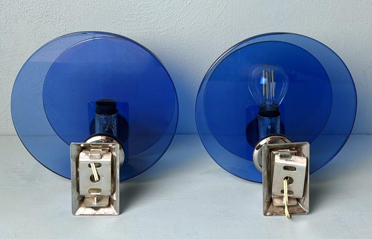Veca Style Pair Of Italian Blue Glass And Nickel Plated Brass Wall Sconces photo 693.0