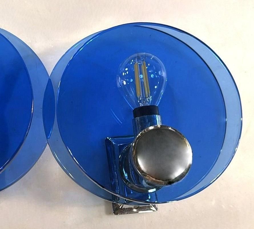 Veca Style Pair Of Italian Blue Glass And Nickel Plated Brass Wall Sconces photo buy