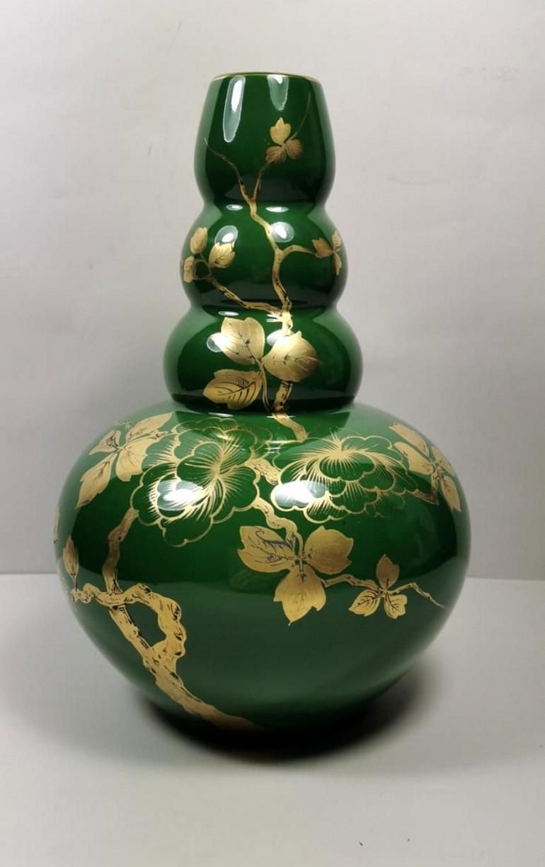 Art Decò Green Enameled Terracotta Vase With Pure Gold Decorations, France photo for sale
