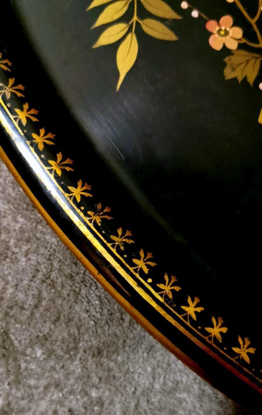 photo vintage Napoleon III Style French "Chinoserie" Hand Painted Metal Tray
