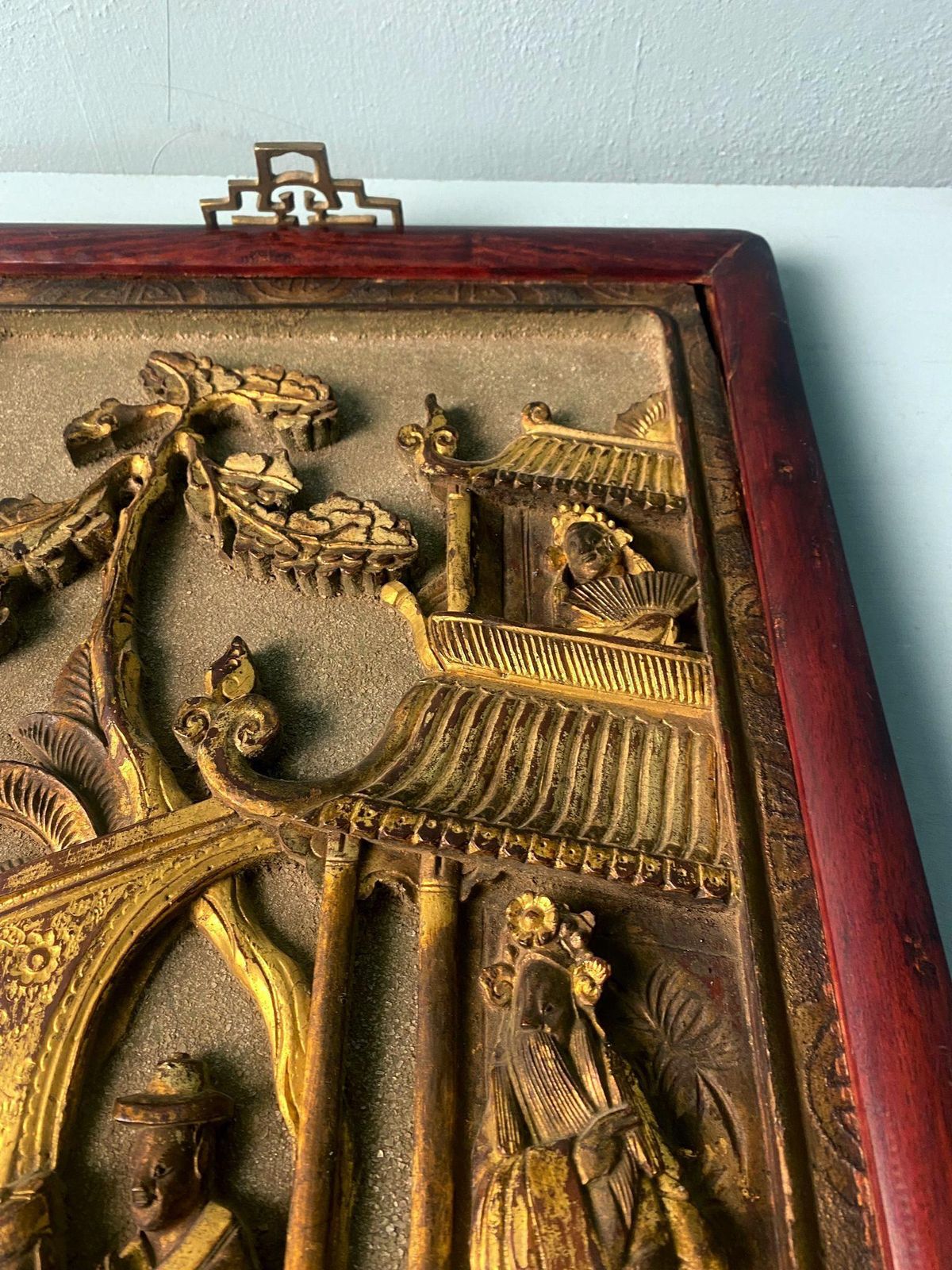Art Qing Dynasty Exquisite Chinese Wooden Panel With Raised Figures And Gold Leaf photo