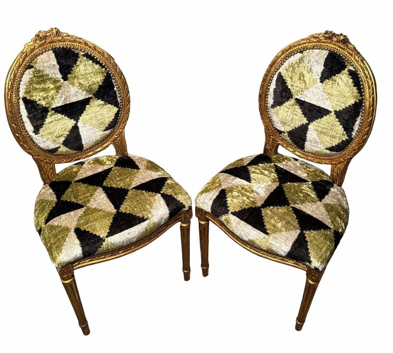 Pair Of Louis XVI Style Wooden Chairs Gold Leaf Finish And Ikat Silk Velvet photo for sale