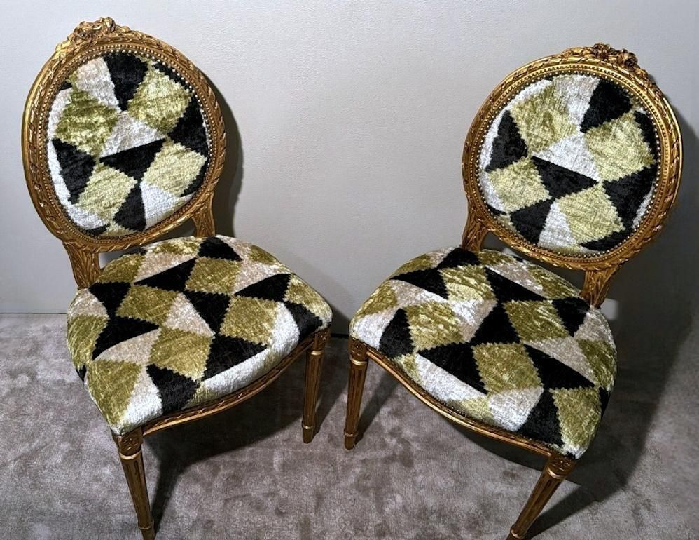 Pair Of Louis XVI Style Wooden Chairs Gold Leaf Finish And Ikat Silk Velvet photo Furniture