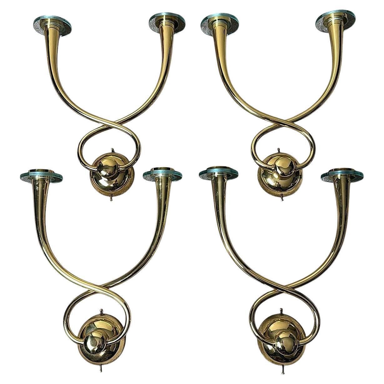 Gio’ Ponti   Emilio Gancia  Style Set Of 4 Brass Appliques With Crystal Bobeches