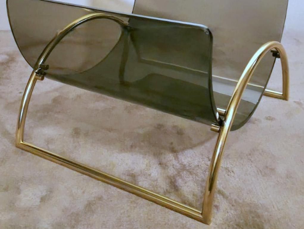 photo vinterior Italian Gallotti & Radice Attributed Smoked Crystal And Brass Magazine Rack