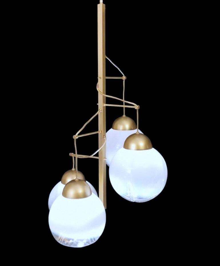 Mazzega Attributed Satin Finished Brass And Murano Glass Chandelier photo vintage