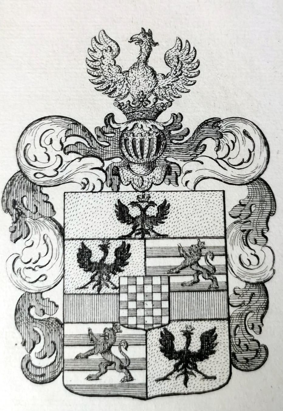 Mirror Frame With Engraved Dutch Print Depicting Dukes Of Mirandola Coat Of Arms photo vintage