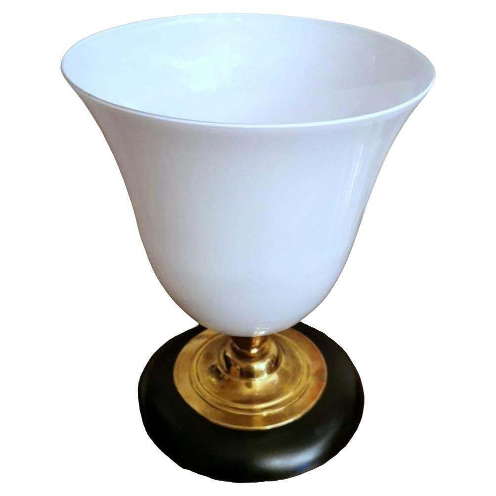 Mazda Style Art Deco Table Lamp Made Of Opaline Glass, Brass And Wood