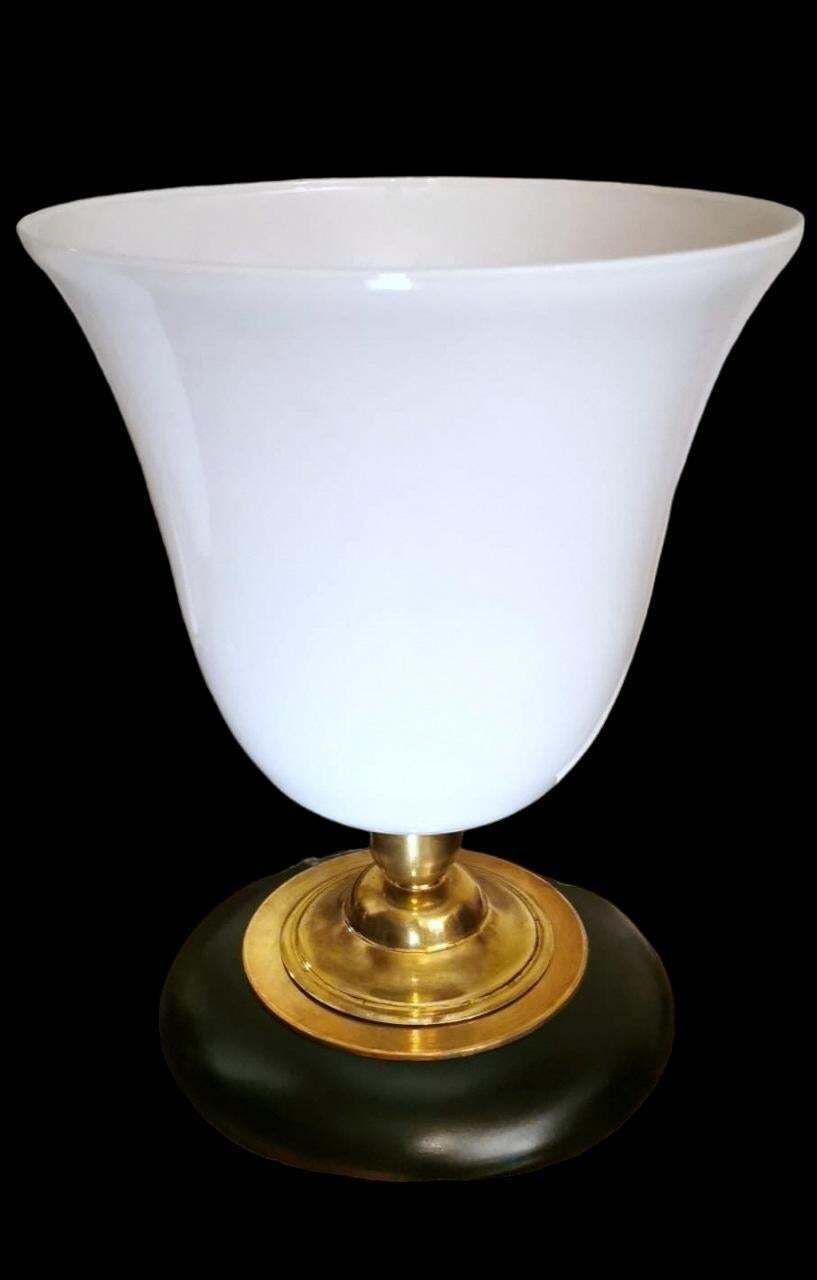 Mazda Style Art Deco Table Lamp Made Of Opaline Glass, Brass And Wood photo furniture