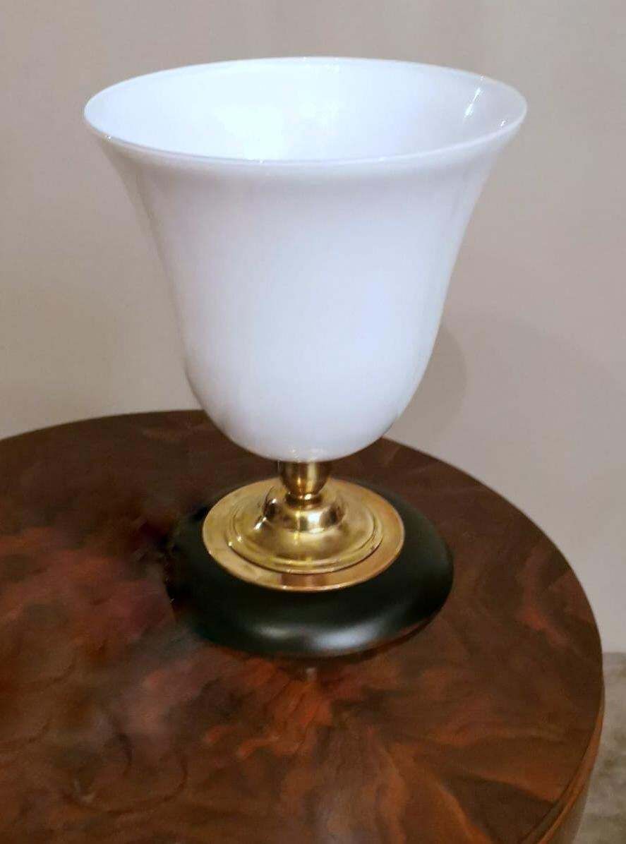 Mazda Style Art Deco Table Lamp Made Of Opaline Glass, Brass And Wood photo for sale