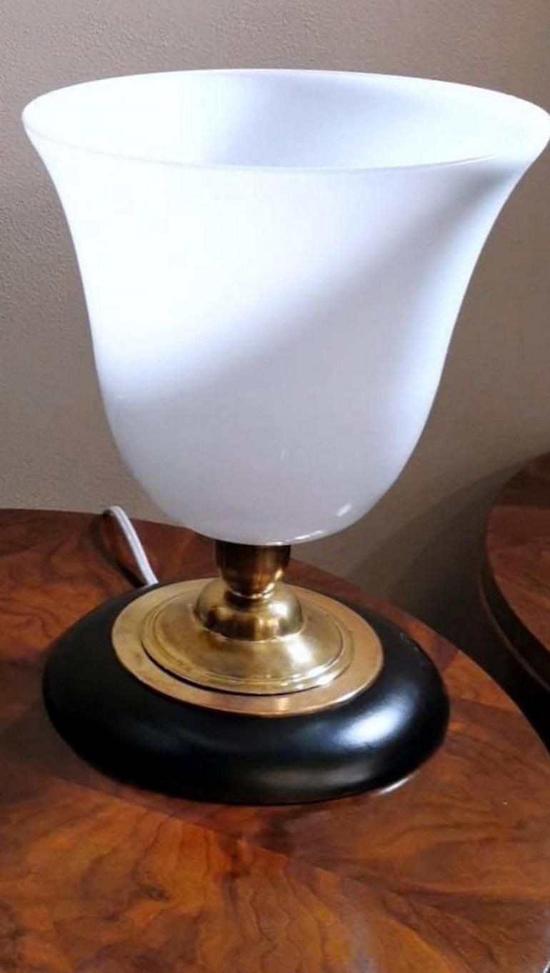 Mazda Style Art Deco Table Lamp Made Of Opaline Glass, Brass And Wood photo vinterior