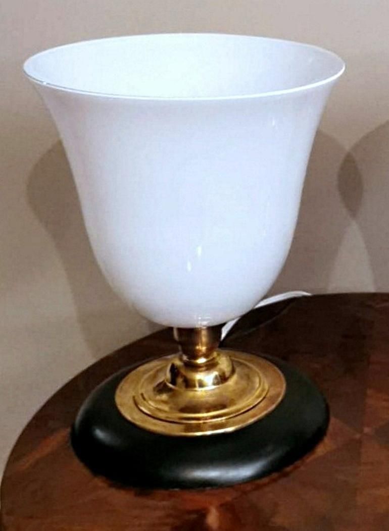 Mazda Style Art Deco Table Lamp Made Of Opaline Glass, Brass And Wood photo buy
