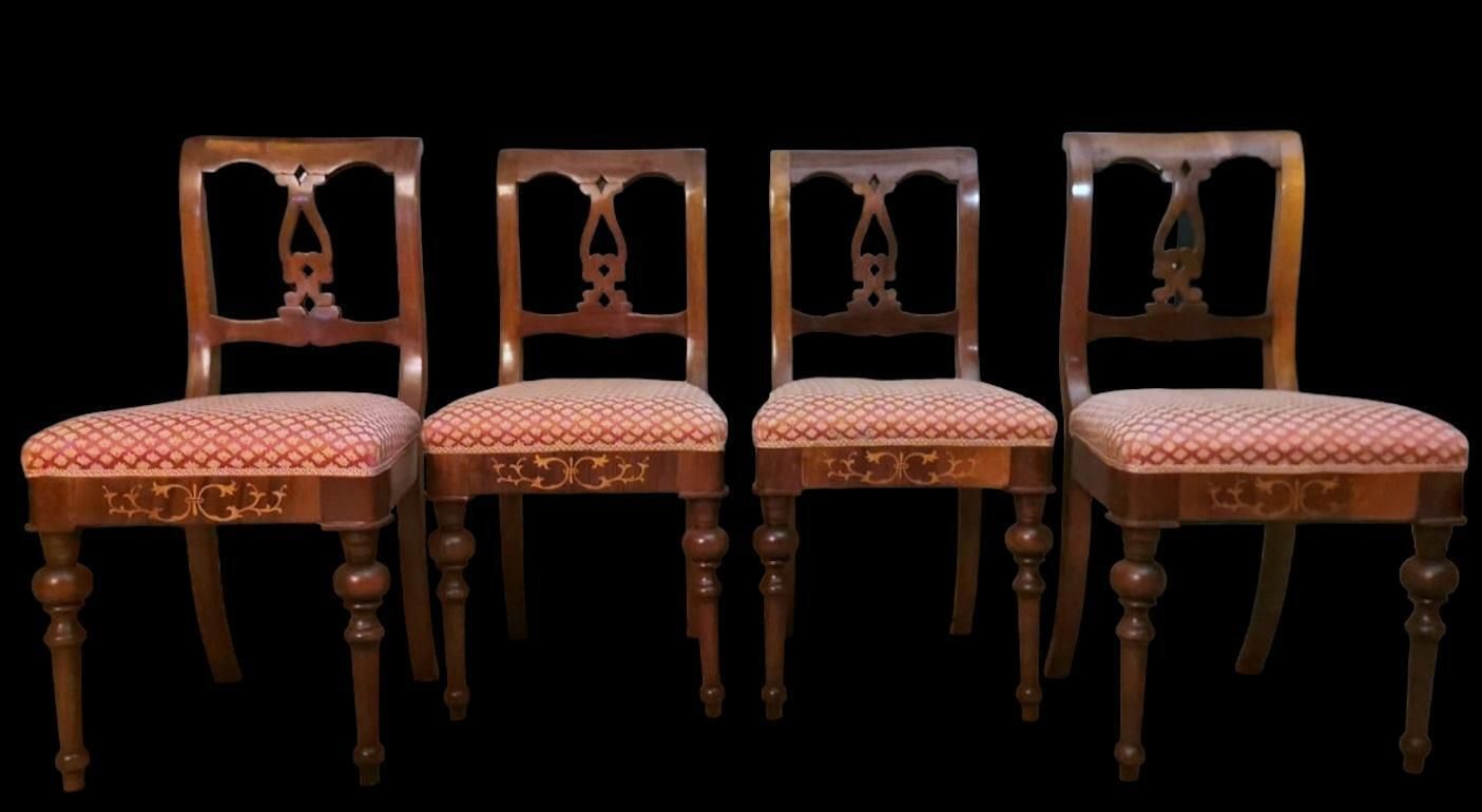 Biedermeier Style Set 4 Danish Chairs In Wood And Fabric photo for sale