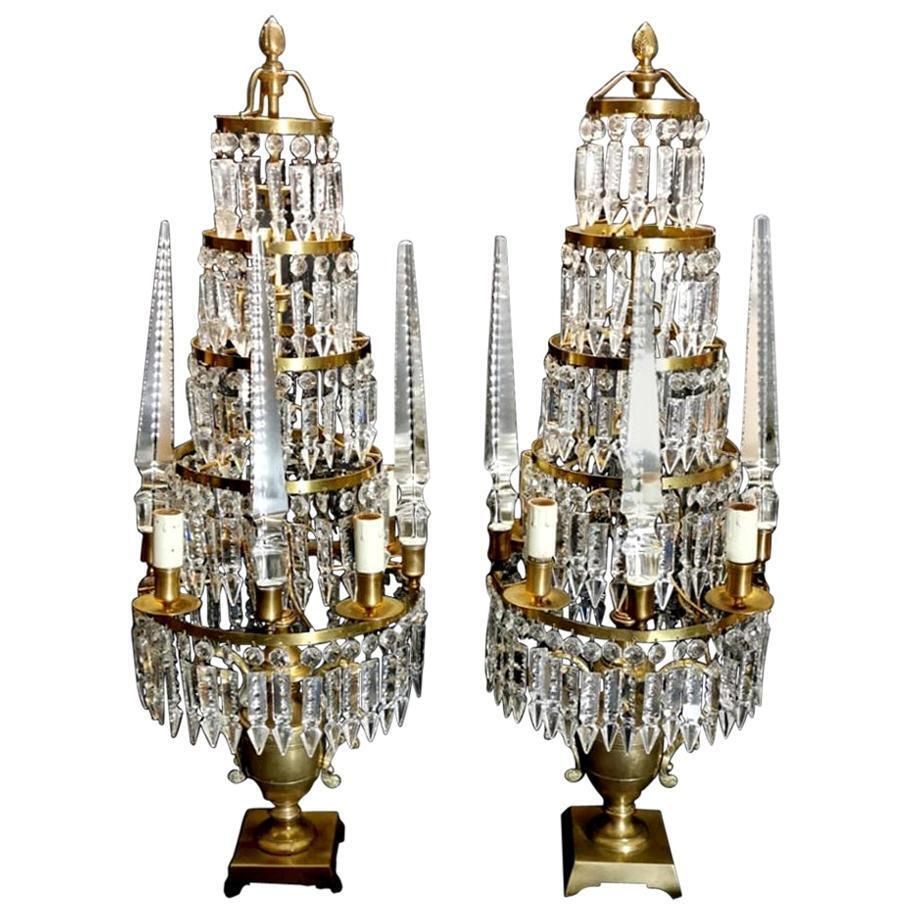 Louis XVI Style French Majestic Pair Of Crystal And Bronze Girandoles