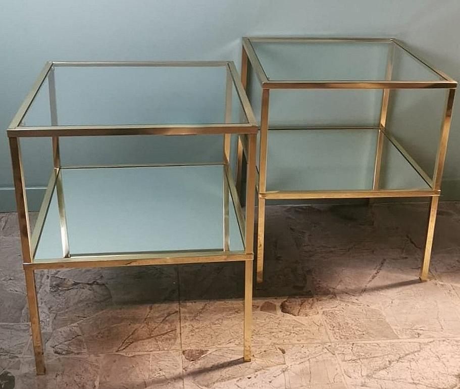 Italian Willy Rizzo Style Pair Of Brass Coffee Tables With Glass And Mirror Tops photo Furniture