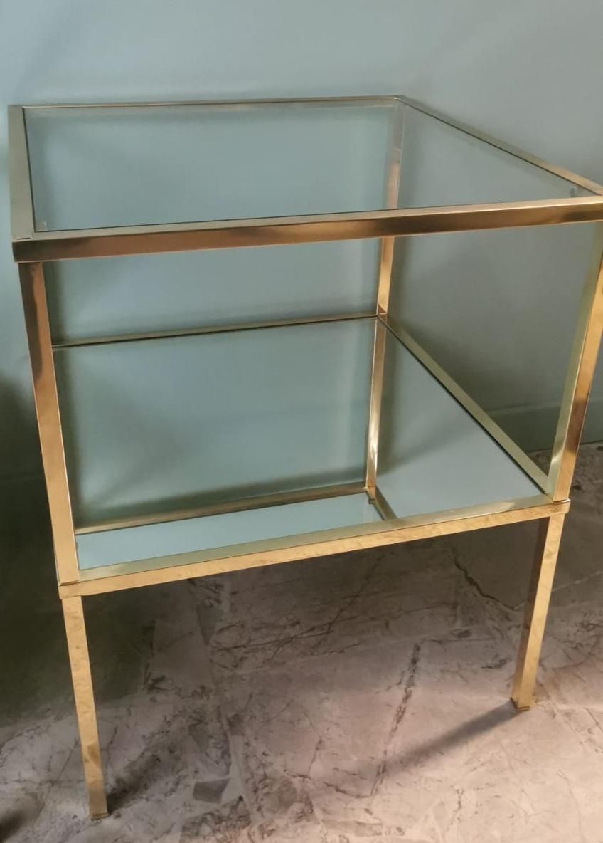 Italian Willy Rizzo Style Pair Of Brass Coffee Tables With Glass And Mirror Tops photo vintage