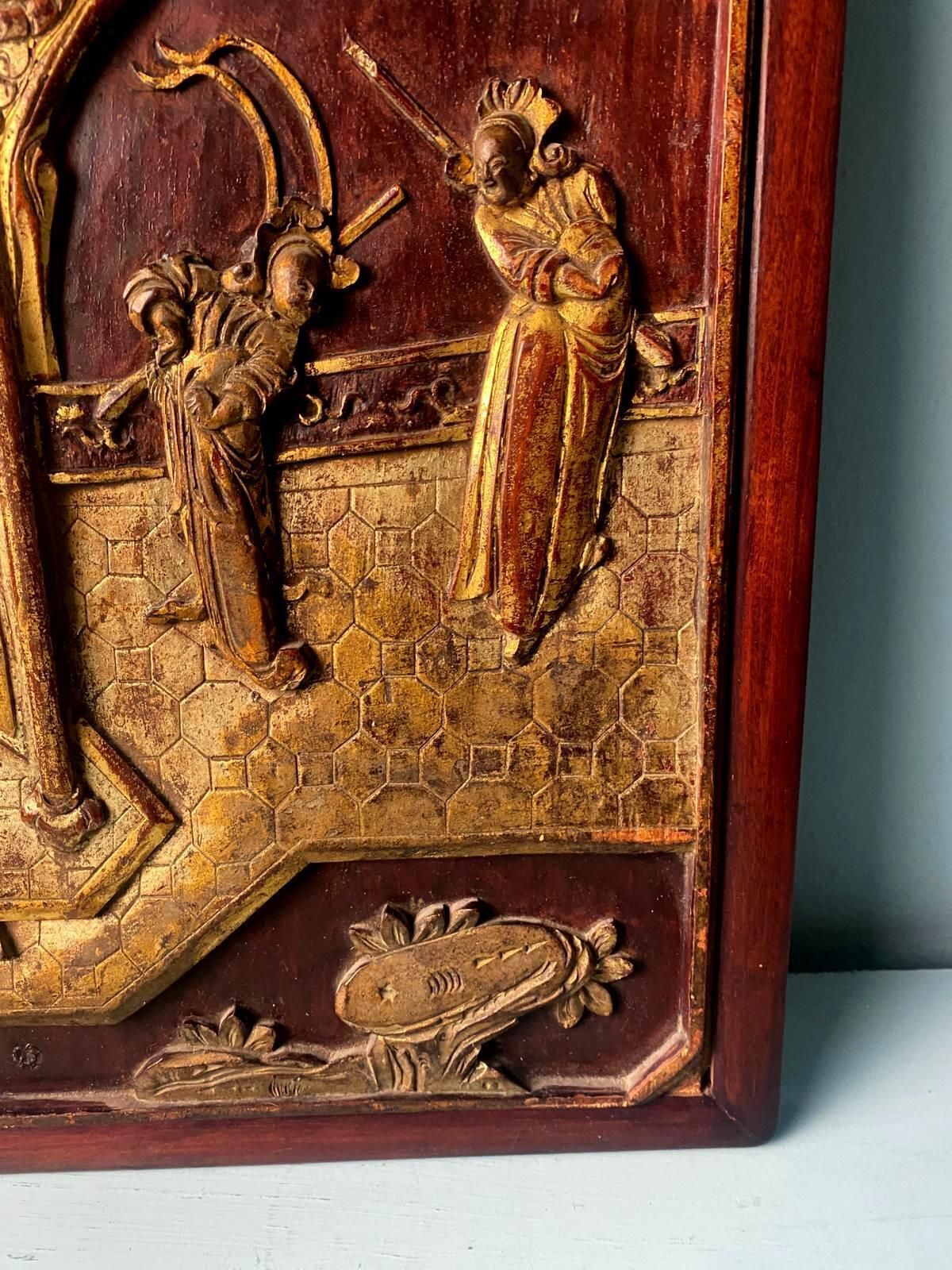 photo for sale Qing Dynasty Exquisite Chinese Wooden Panel With Raised Figures Gold Leaf (N.2)