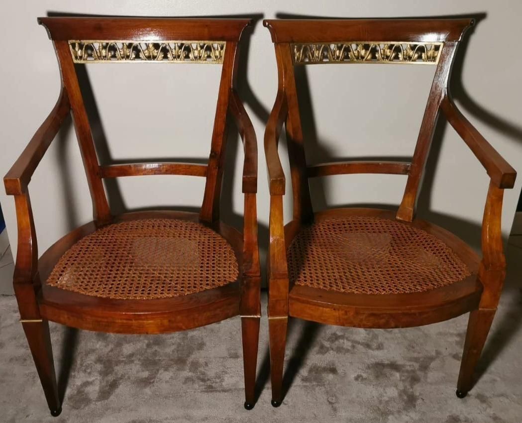 Empire Style Pair Of Italian Chairs "King" With "Vienna Straw" photo for sale