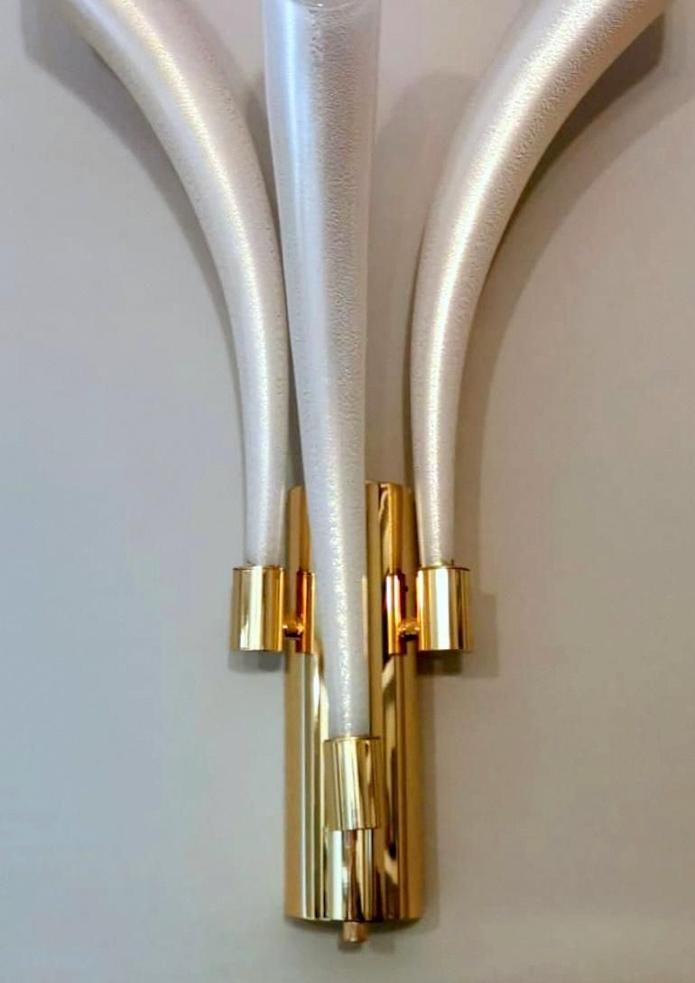 1858.0 Barovier & Toso Pair  Sconces Mod. "Fireworks" Murano Glass Opaline With Gold photo