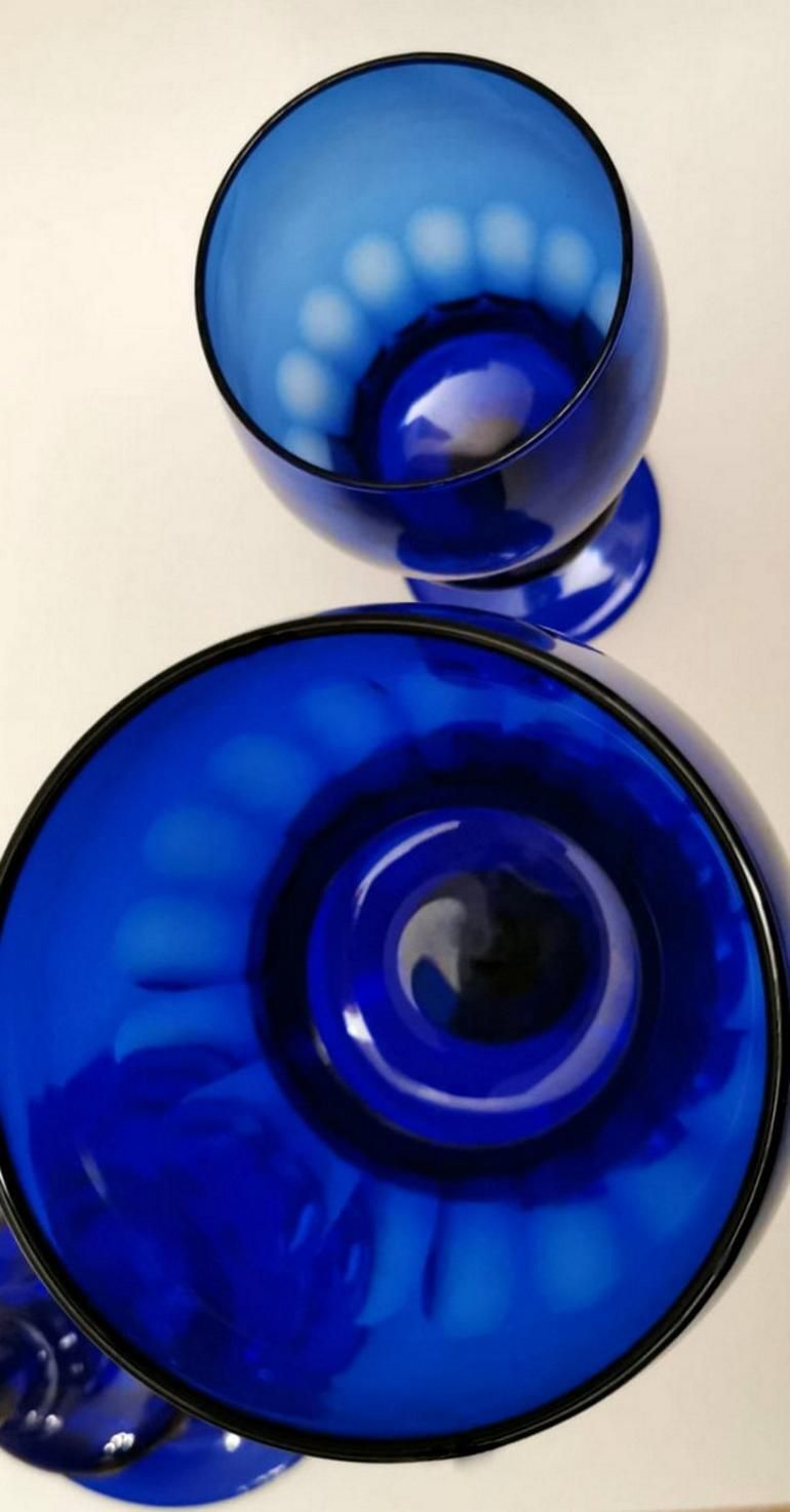 photo for sale Murano "Albarelli" Italian Pair Of Bottles With Lid Blue Blown Glass