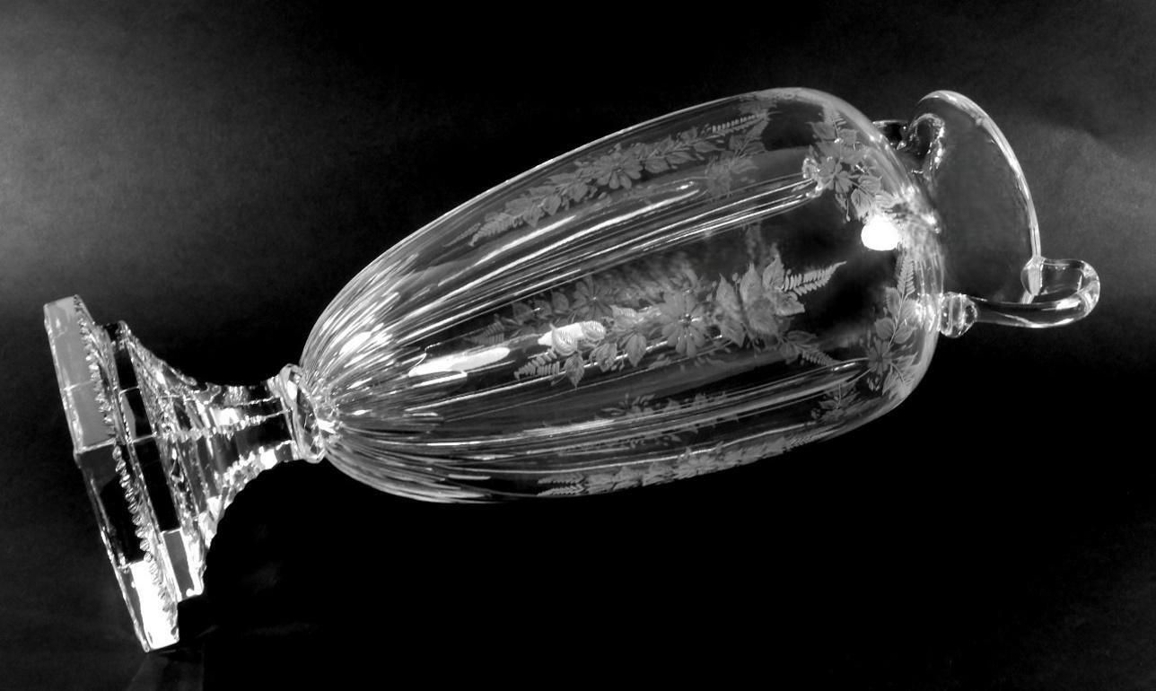 Louis XVI Style Large Italian Crystal Amphora With Engraved And Swan Handles photo vinterior