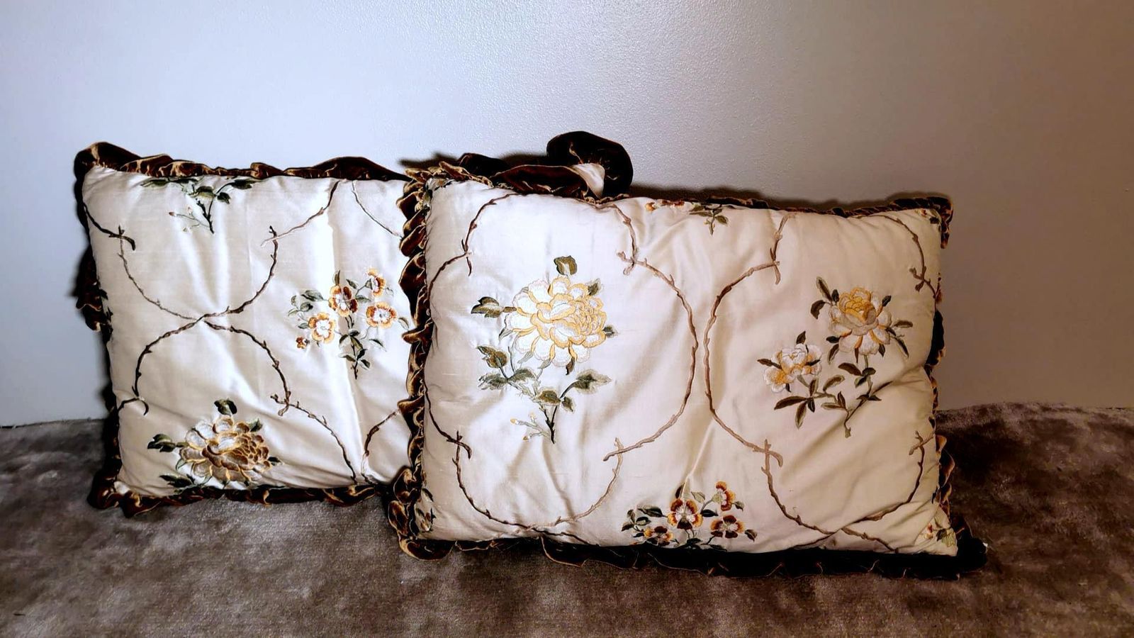 Pair Of Pillows Italian Embroidered Silk And Velvet Back photo for sale