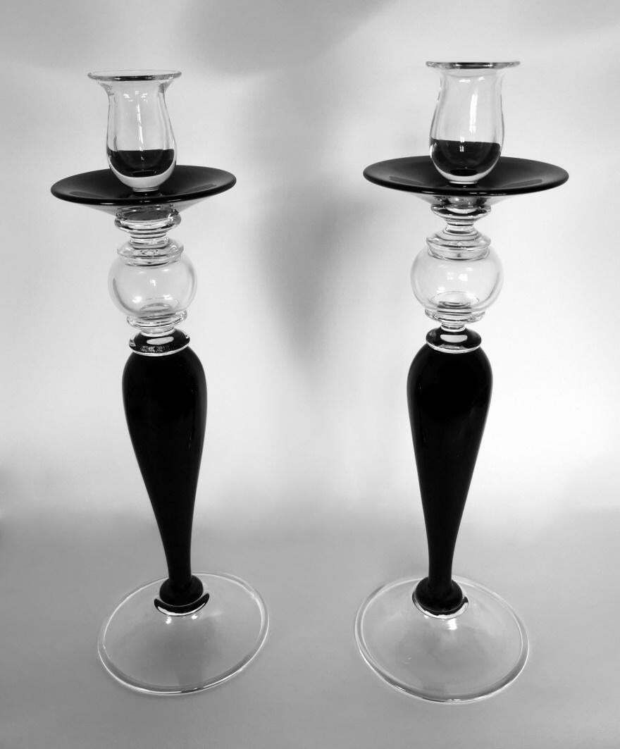 Art Deco Style Pair Of Black Crystal Italian Candlesticks photo for sale