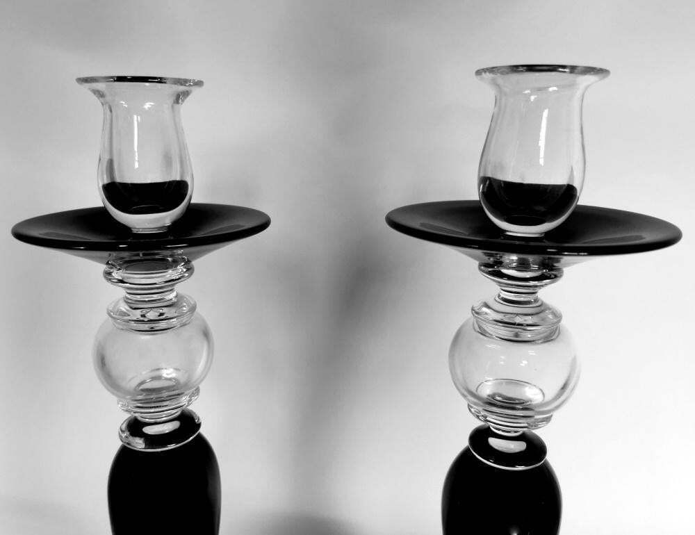 Art Deco Style Pair Of Black Crystal Italian Candlesticks photo vintage