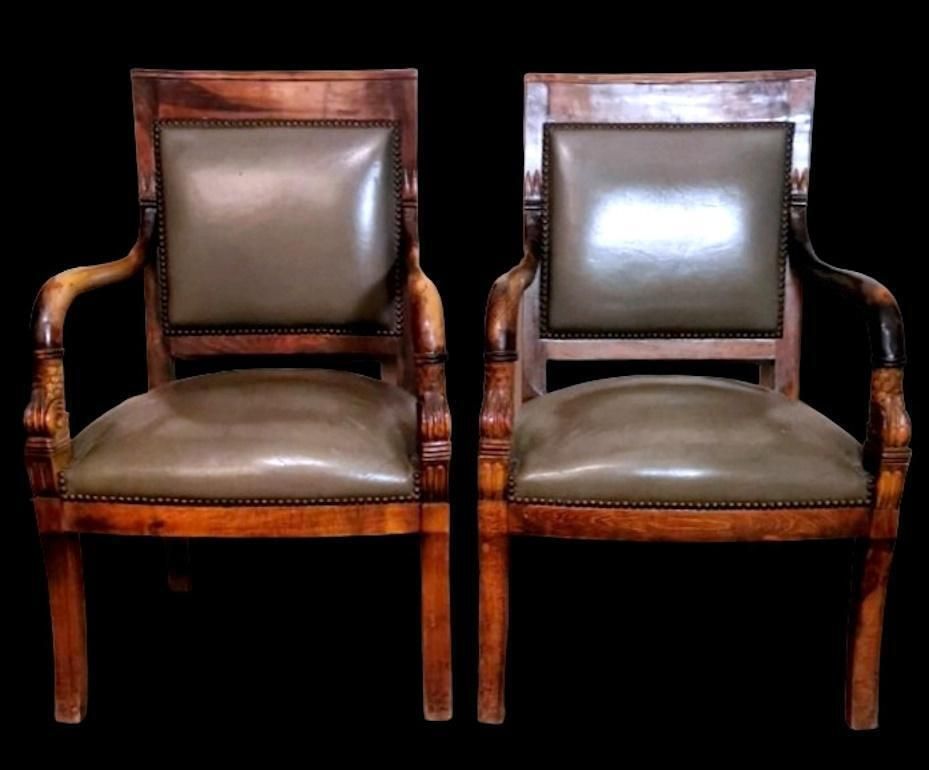 Charles X Style Pair Of French "Antique Master" Chairs In Wood And “Cuoio” photo furniture