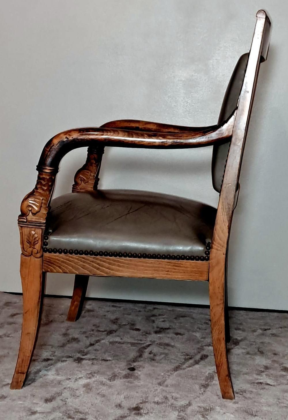 Furniture Charles X Style Pair Of French "Antique Master" Chairs In Wood And “Cuoio” photo