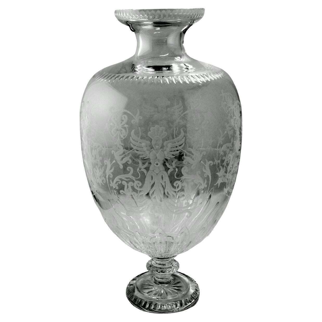 Baroque Style Large Italian Crystal Vase With Grotesque Engravings