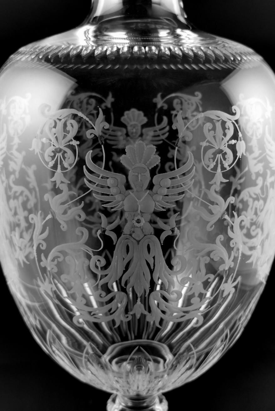 Baroque Style Large Italian Crystal Vase With Grotesque Engravings photo vinterior