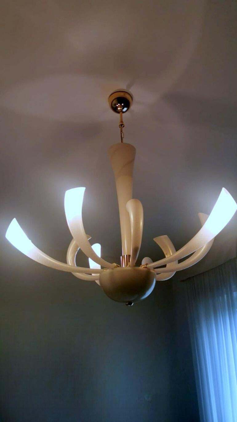 photo for sale Barovier & Toso Chandelier Mod. "Fireworks" Murano Glass Opaline With Gold