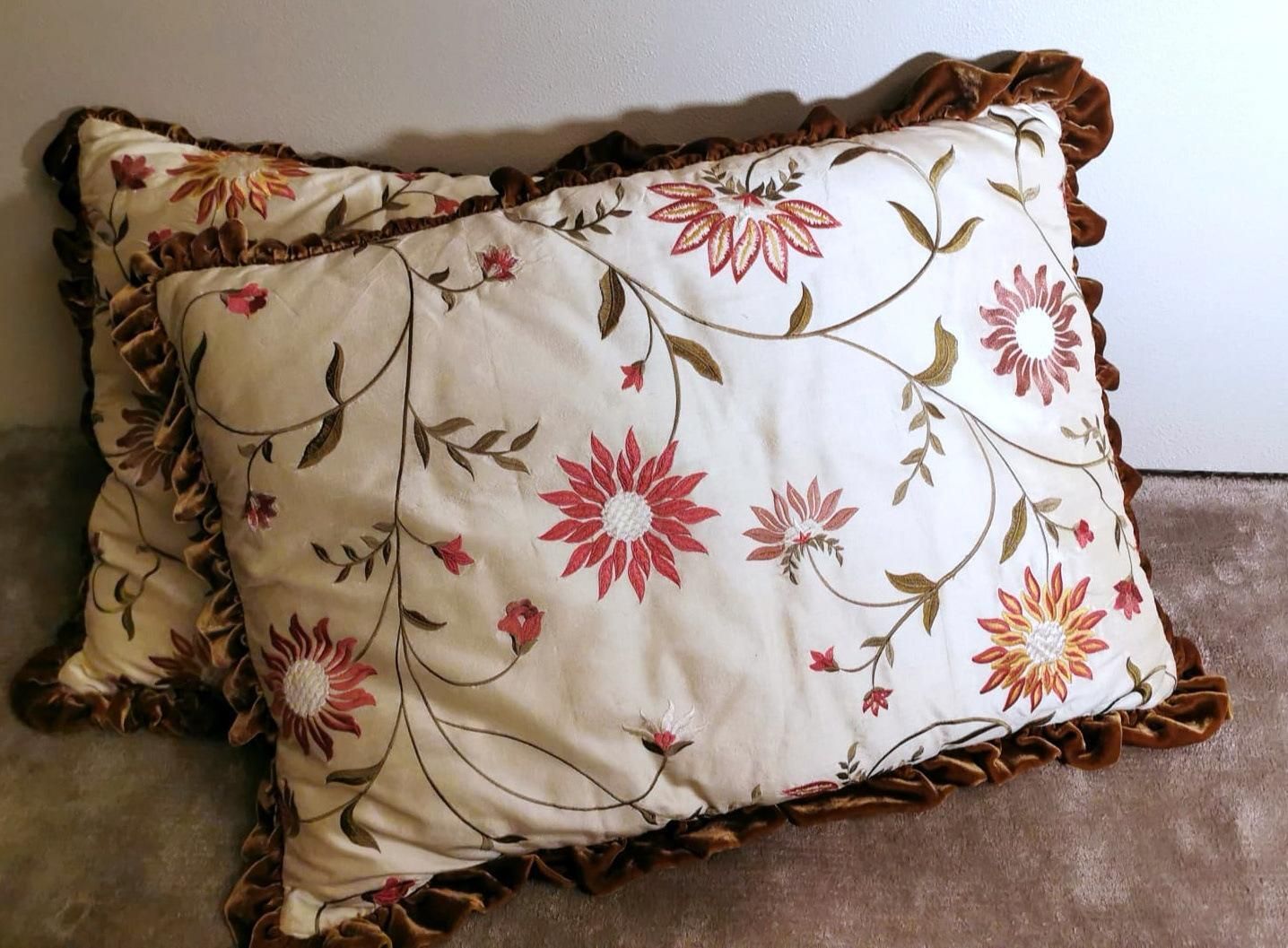 Pair Of Pillows Italian Embroidered Silk And Velvet Back photo for sale