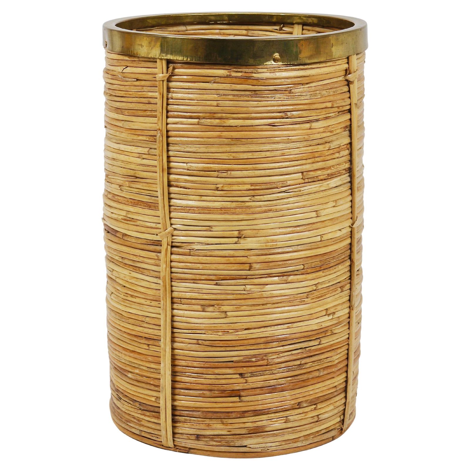 Gabriella Crespi Style Bamboo & Brass Paper Basket Umbrella Stand, Italy, 1970s