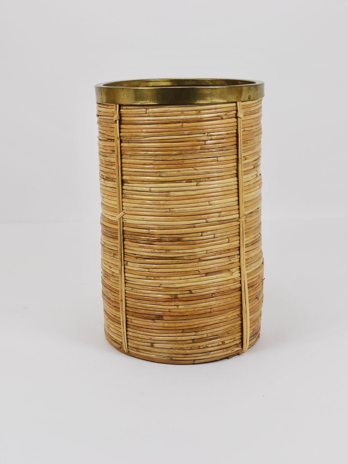 Gabriella Crespi Style Bamboo & Brass Paper Basket Umbrella Stand, Italy, 1970s photo for sale