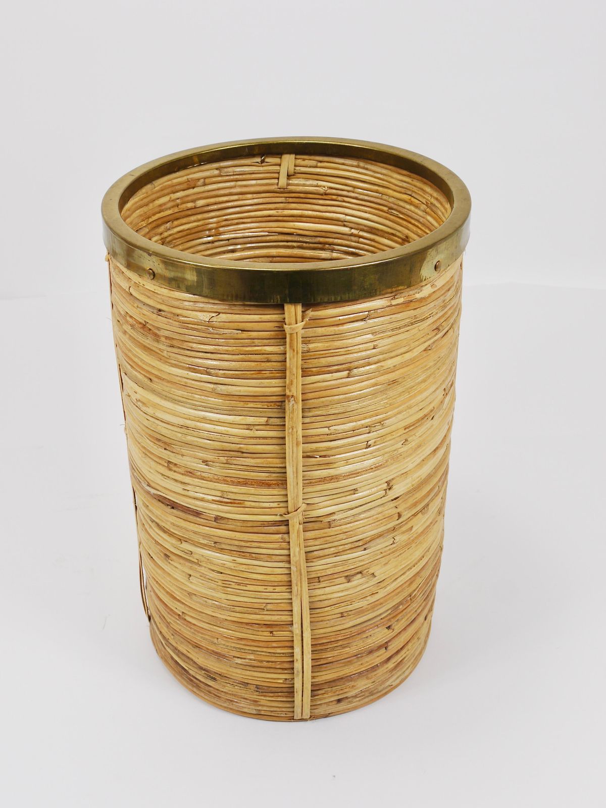 Home Decor Gabriella Crespi Style Bamboo & Brass Paper Basket Umbrella Stand, Italy, 1970s photo