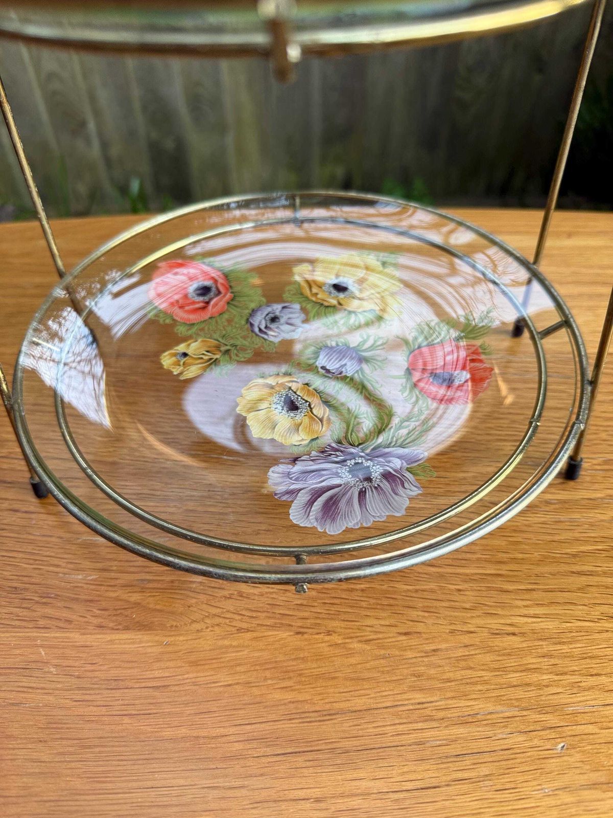 Tiered Vintage Retro Cake Plate Stand   Two Delicate Glass Painted Plates In Retro Metal Stand photo Furniture