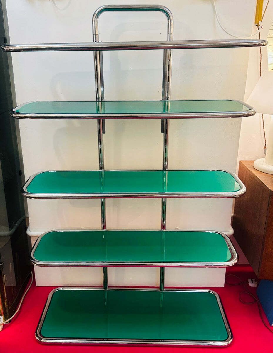 1970s Swiss Five Shelf Polished Tubular Polished Chrome & Green Perspex Shelving Unit Usm Haller Style photo furniture