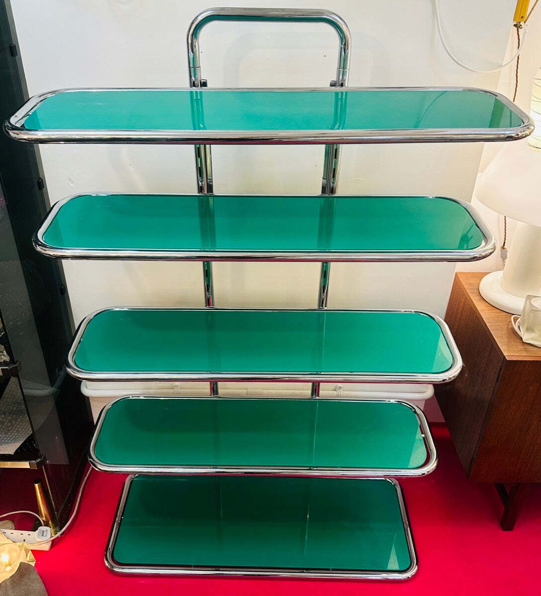 1970s Swiss Five Shelf Polished Tubular Polished Chrome & Green Perspex Shelving Unit Usm Haller Style photo vintage