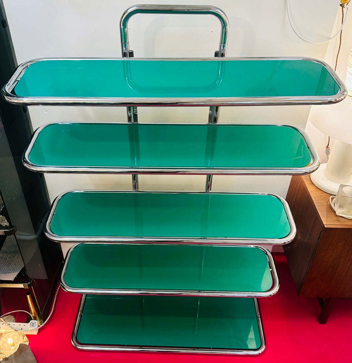 photo furniture 1970s Swiss Five Shelf Polished Tubular Polished Chrome & Green Perspex Shelving Unit Usm Haller Style