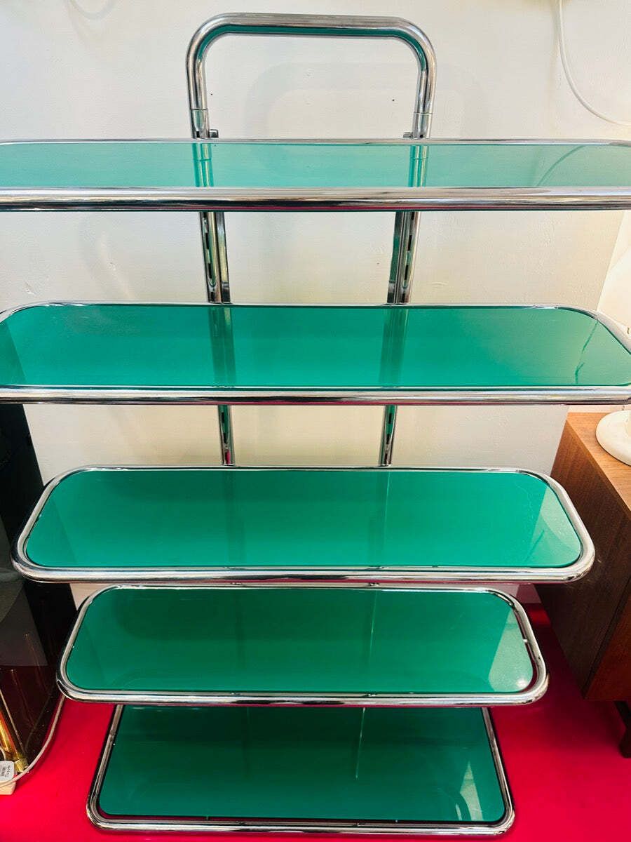 photo vintage 1970s Swiss Five Shelf Polished Tubular Polished Chrome & Green Perspex Shelving Unit Usm Haller Style